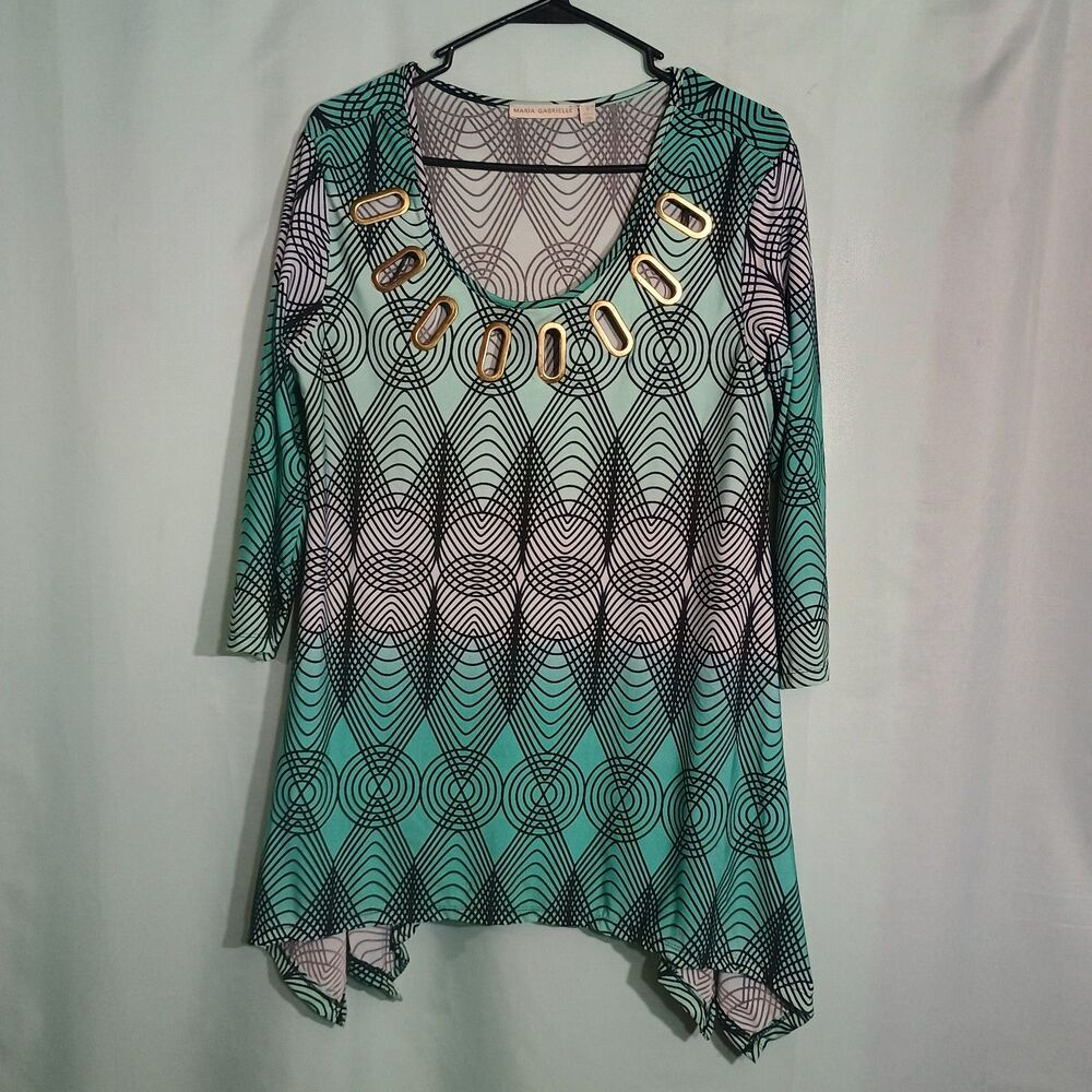 Maria Gabrielle Aqua Black Geometric Tunic Top Gold Accent 3/4 Sleeve Blouse